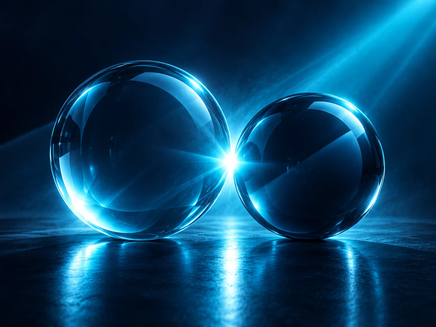 Two glass spheres meet at a bright cyan point of contact, representing collaboration.