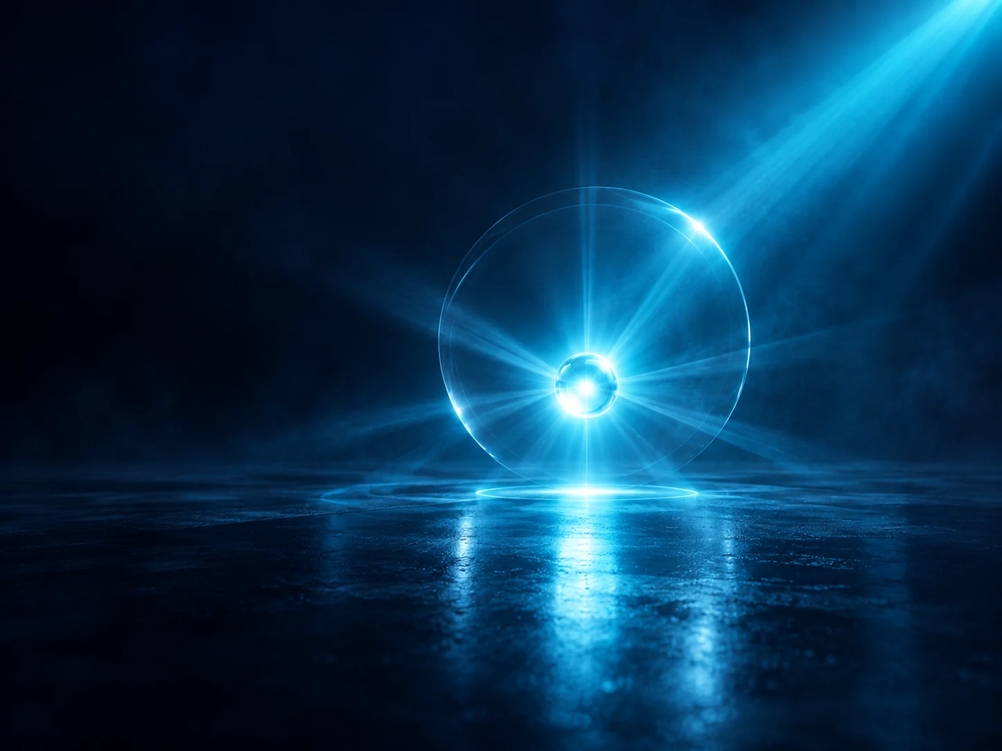 Eine kleine Glaskugel strahlt Cyan-Licht in einen feinen Ring aus, als erster Impuls für eine Verbindung.