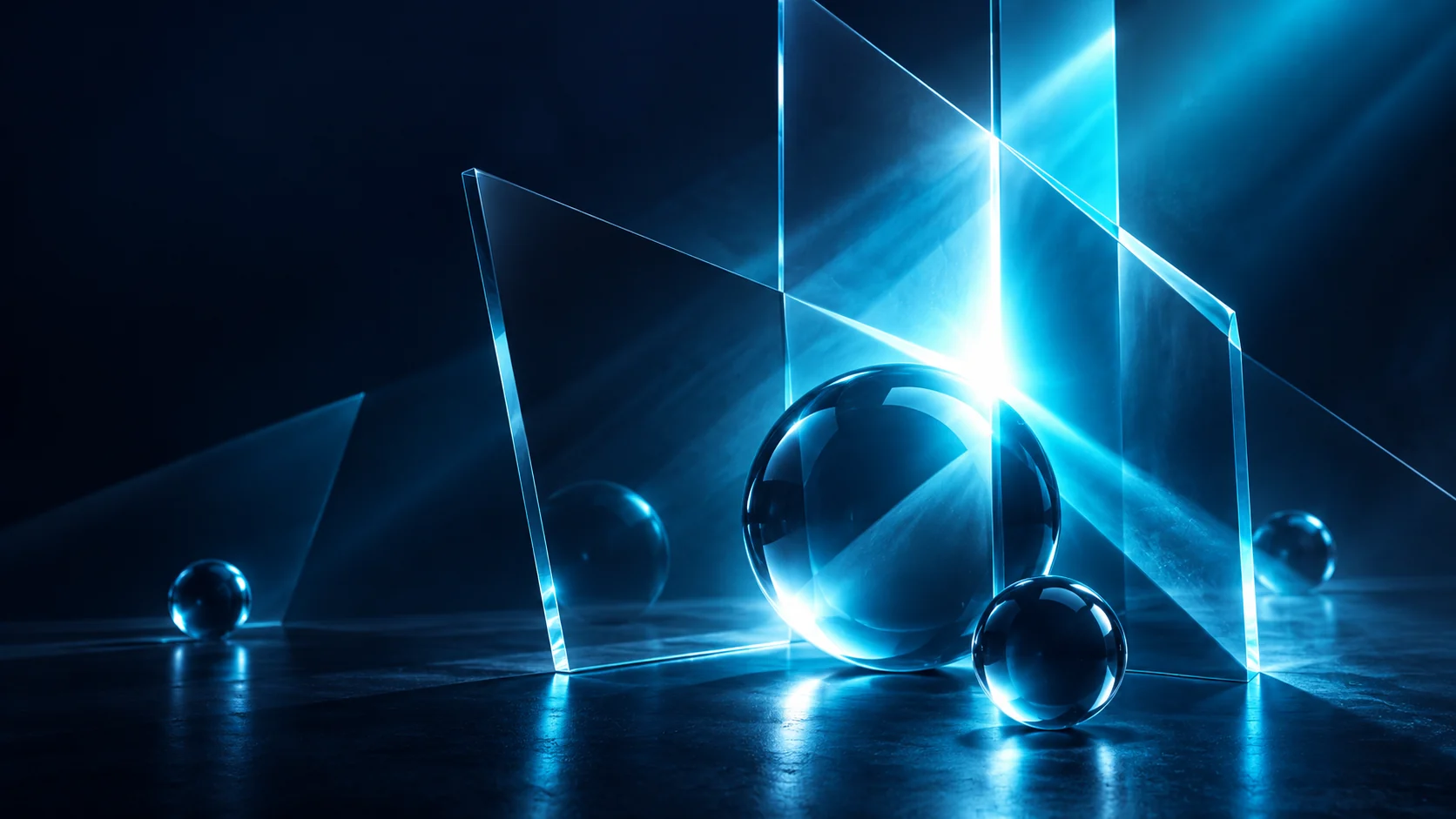 Cyan light connects glass planes and spheres in a dark abstract composition.