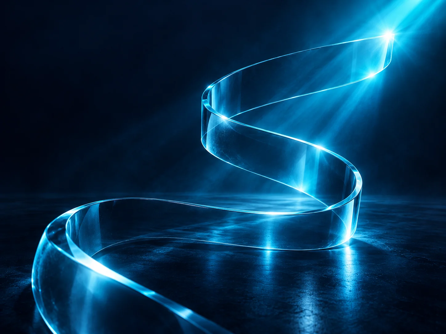 A curved glass path leads from the lower left to a cyan point of light at the upper right.