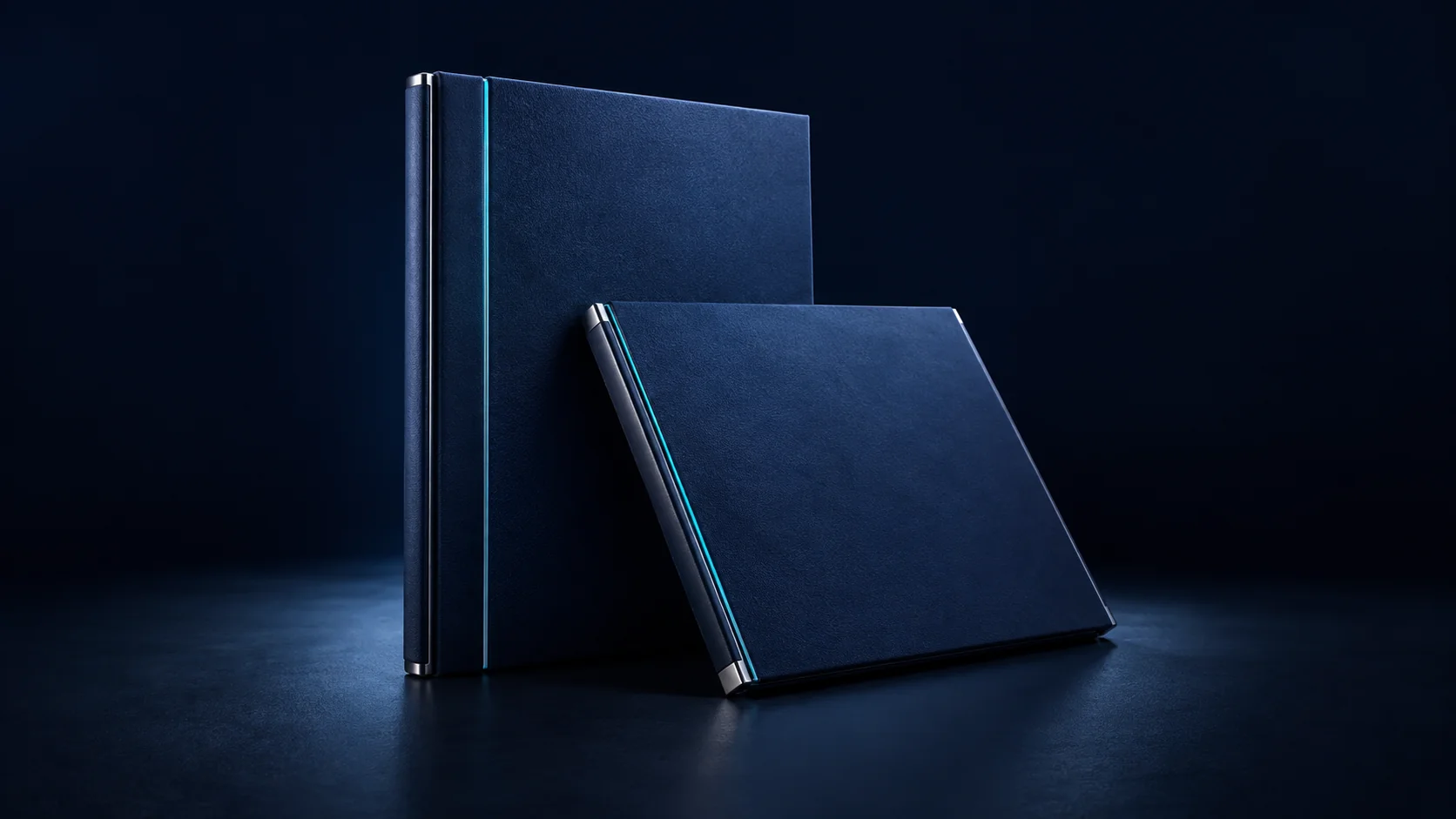 Two minimal navy folios as an abstract motif for selected work.