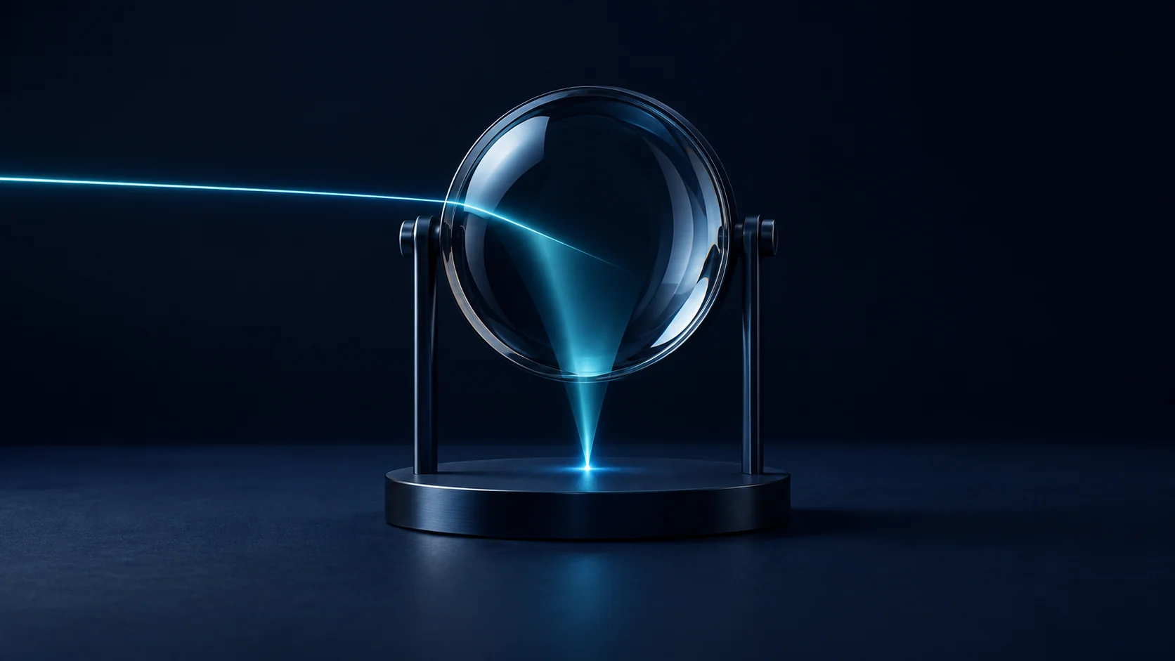 Eine optische Linse bündelt einen feinen Cyan-Lichtstrahl.